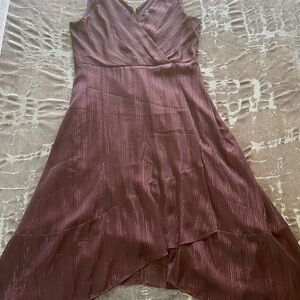 DKNY Metallic Mauve Wrap Style Midi Dress Sleeveless Ruffle Hem Size 12
